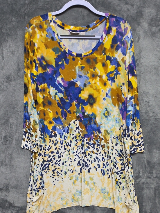 LOGO by Lori Goldstein Tops - LOGO by Lori Goldstein Yellow, Blue & Purple Abstract Floral Tunic Sz XL